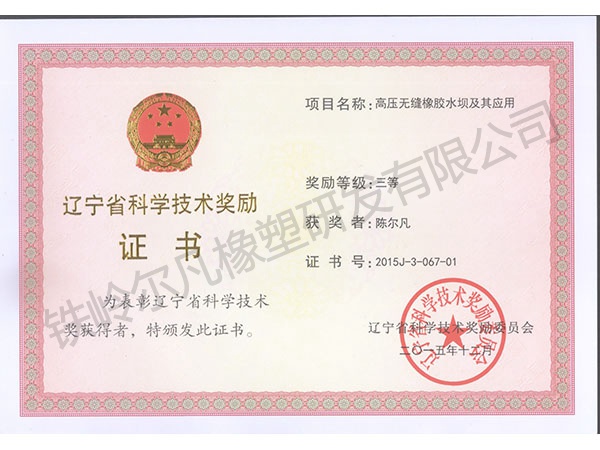 2015辽宁省科技奖励：科技进步三等奖-高压无缝橡胶水坝及其应用