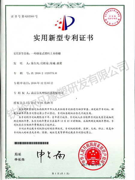 实用新型专利-蜂巢式塑料土木格栅