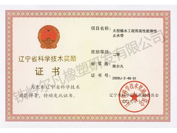 2009辽宁省科技奖励：科技进步二等奖-止水带